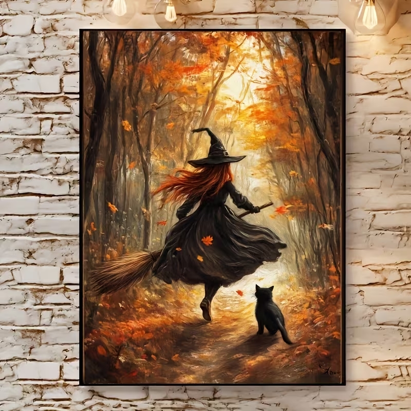 Home Decor Theme - Retro Alloween Autumn Witch On Broomstick